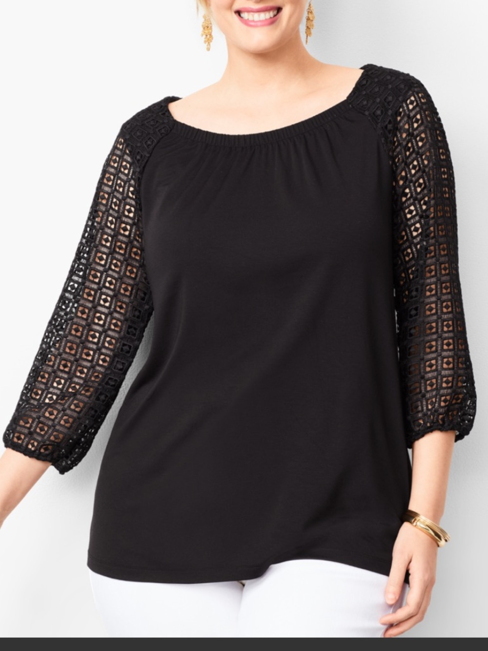 Talbots Black Jersey Knit Top with Crochet Lace Raglan Sleeves - Size M